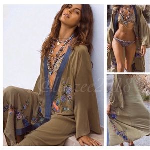 Boho Embroidered Kimono Olive Green NEW